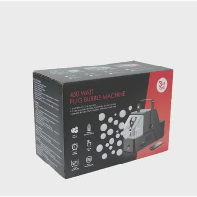 450W fog bubble machine with wireless remote in black and red packaging.