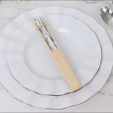 White and black French toile pattern handheld fans with bamboo frame.