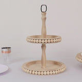 2-Tier Natural Beaded Wooden Cupcake Stand With Metal Handle