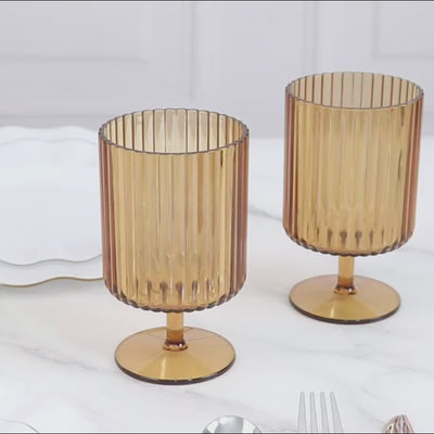 12-Pack Plastic Goblets Amber Gold Vintage Ribbed Pattern Short Stem - Reusable Wine Glasses