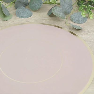 Dusty rose disposable placemat with gold rim, perfect for events and catering.