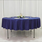 Navy blue fire retardant scuba tablecloth, 90" round, wrinkle-free and stain-resistant.