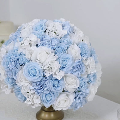 Light blue artificial rose flower ball centerpiece for wedding decor.