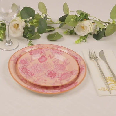 50 Pcs Dusty Rose Spring Floral Disposable Plates with Gold Rim, Heavy Duty Round Dinner and Dessert