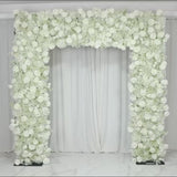 White artificial flower backdrop for wedding arch décor with silk roses and baby's breath.