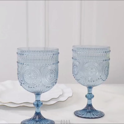 Dusty blue embossed floral wine goblets, shatterproof and reusable, set of 12.