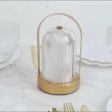 8inch Gold Metal LED Table Lamp with Ribbed Acrylic Shade – Cordless USB Rechargeable Touch Light