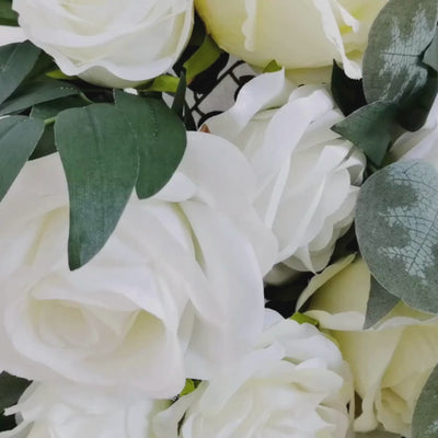 Set of 2 White Silk Rose Wedding Arch Flowers with Eucalyptus Leaves