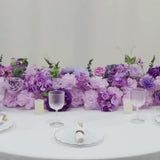 Mixed lavender lilac silk flower table runner for wedding decor.