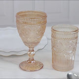 6-Pack Amber Gold Vintage Goblets 11oz – Embossed Glass Cocktail & Wine Glasses with Floral Design