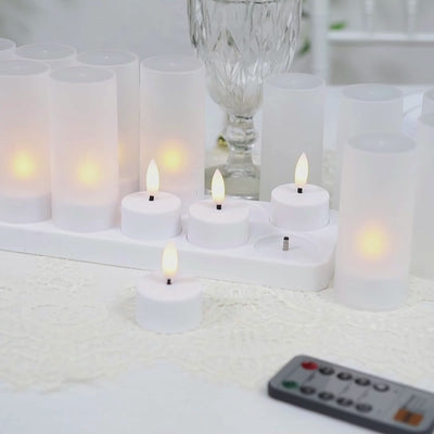 White flameless LED tea light candles with warm flickering effect.