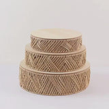 Set of 3 Natural Jute Rattan Pedestal Cupcake Stands with Top Wooden Plates, Stackable