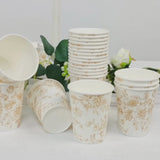 24 Pack 9oz French Toile Party Cups, White Gold Elegant Disposable Paper Cups