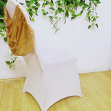 White spandex banquet chair cover with gold sequin swag back.