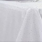 White rectangular tablecloth with rhinestone accents, seamless and wrinkle-free.
