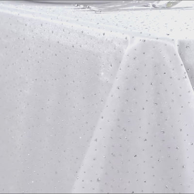 White rectangular tablecloth with rhinestone accents, seamless and wrinkle-free.