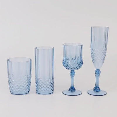 6 Pack Dusty Blue Crystal Cut Reusable Plastic Wedding Flute Glasses, 8oz Shatterproof