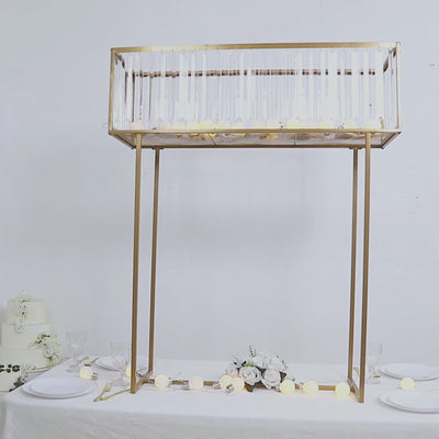 Gold crystal pendant flower stand centerpiece vase, 48" tall rectangular display rack.