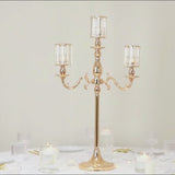 Gold Metal 5-Arm Candelabra with Crystal Pendant Glass Shades – 40" Tall Candle Holder for Pillar, LED, and Flameless Candles
