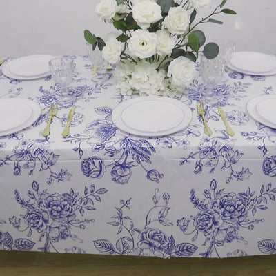 5-Pack Rectangular Plastic Tablecloths – White with Blue French Toile Pattern