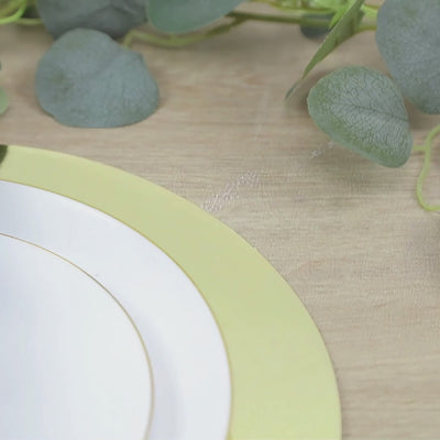 Gold round disposable table placemat with a white inner circle.