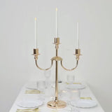 Gold 3-arm metal candelabra for modern table centerpiece decor.