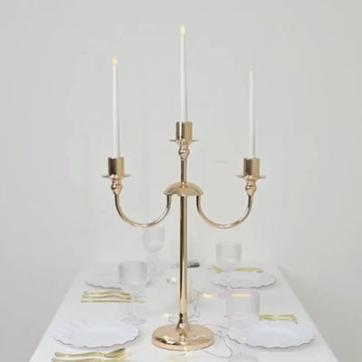Gold 3-arm metal candelabra for modern table centerpiece decor.