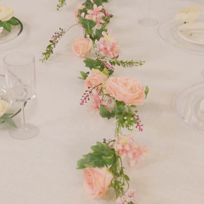 6ft Blush Silk Rose Peony Flower Garland, Mixed Floral Greenery Garland