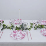 10-Pack French Toile Plastic Salad Plates – Pink & White Floral, 7" Round Disposable Dessert Plates