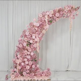Dusty rose foam-backed floral backdrop for wedding arch with roses and hydrangeas.