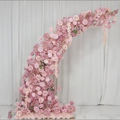 Dusty rose foam-backed floral backdrop for wedding arch with roses and hydrangeas.