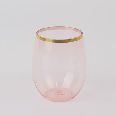 12 Pack Transparent Blush Plastic Stemless Wine Glasses with Gold Rim, 12oz Reusable Wine Tumbler