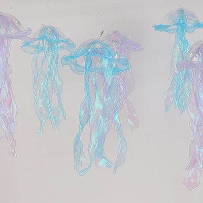 6 Pack Blue Purple Jellyfish Lamp Hanging Lantern Lights, 3 Flashing Modes Organza Ribbon 