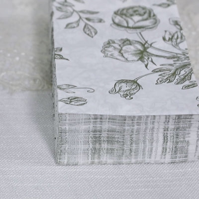 White napkins with sage green French toile floral pattern, 50-pack.