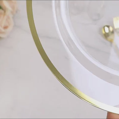 10-Pack Plastic 7inch Round Appetizer Plates in Clear with Gold Rim