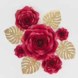 Set of 9 Red 3D Rose Paper Flowers with Gold Tropical Palm Leaves Party Flower Backdrop Hanging Wall