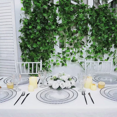 Clear plastic charger plates with black beaded rim for stylish dinner parties.
