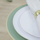 Sage green round disposable placemat with gold rim on a table setting.