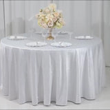 White round tablecloth with rhinestone accents, seamless and wrinkle-free.
