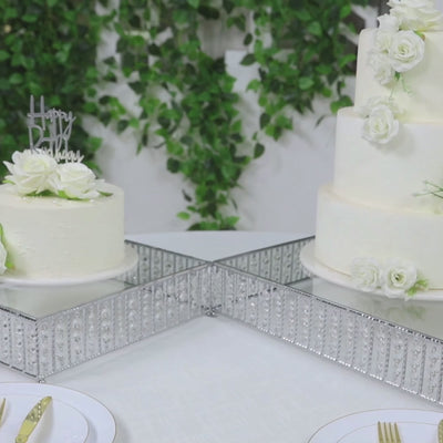 18inch Square Silver Cake Stand with Hanging Crystal Beads and Glass Top Metal Dessert Display Tray