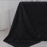 Black scalloped tablecloth with rhinestone accents, seamless and wrinkle-free.