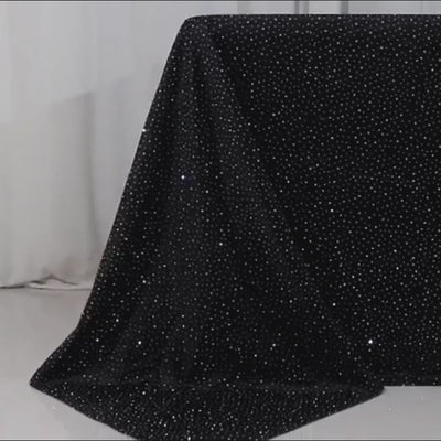 Black scalloped tablecloth with rhinestone accents, seamless and wrinkle-free.
