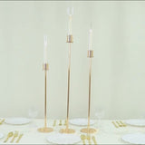 Gold Metal Taper Candle Holders with Hurricane Glass Shades, Set of 3 – Modern Minimalist Candlestick Stands – 28", 32", 36"