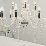 Silver crystal chandelier with LED candle bulbs for dining room or foyer.