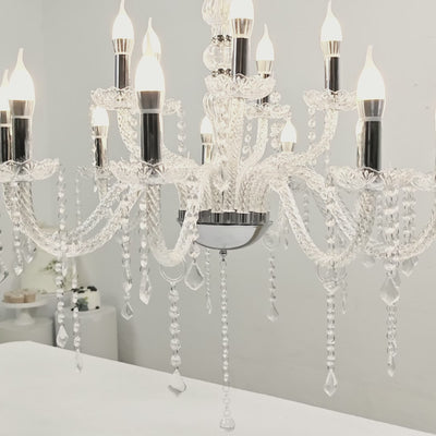 Silver crystal chandelier with LED candle bulbs for dining room or foyer.