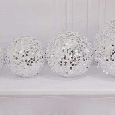 Set of 4 Glitter Silver Payette Sequin Hanging Lanterns, Large Decorative Round Foldable Fabric