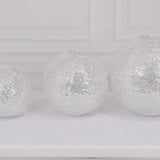 Set of 3 Glitter Silver Sequin Fabric Hanging Lanterns, Decorative Round Foldable Chinese Lantern Lampshades - 8",10",12"