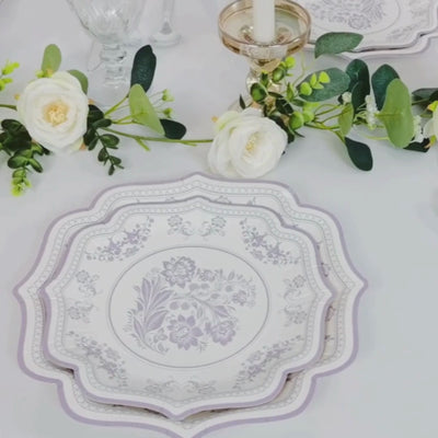 25 Pack White Lavender Lilac Disposable Party Plates in French Toile Floral Pattern