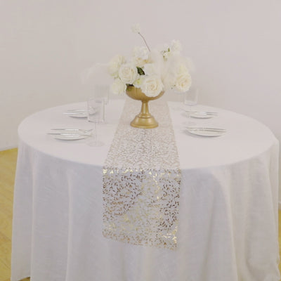 5 Pack White Mesh Organza Floral Table Runners with Gold Foil Leaf Vines - 12x108inch