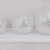 Set of 3 Glitter Silver Sequin Fabric Hanging Lanterns, Large Decorative Round Foldable Chinese Lantern Lampshades - 14",16",20"